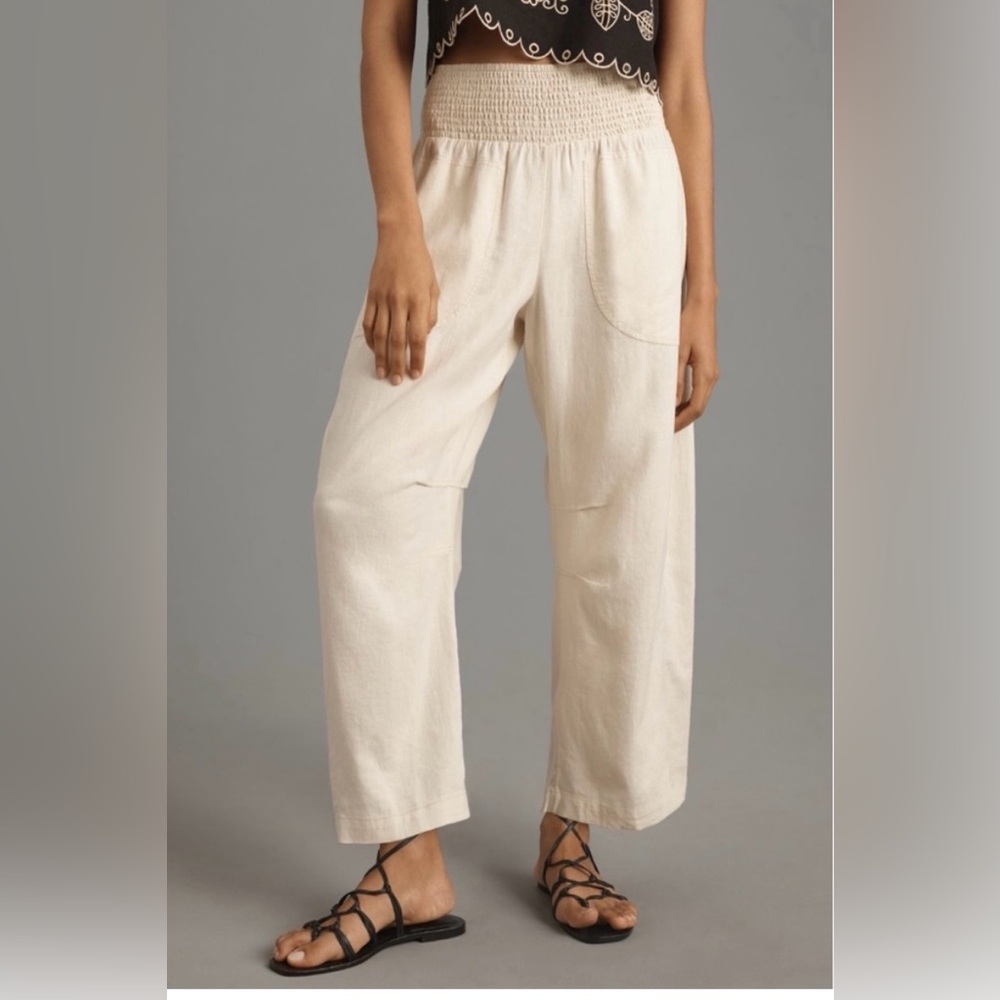 Pilcro The Reese Ivory Smocked Pull On Barrel Pants in Linen Blend Size SP. NWT